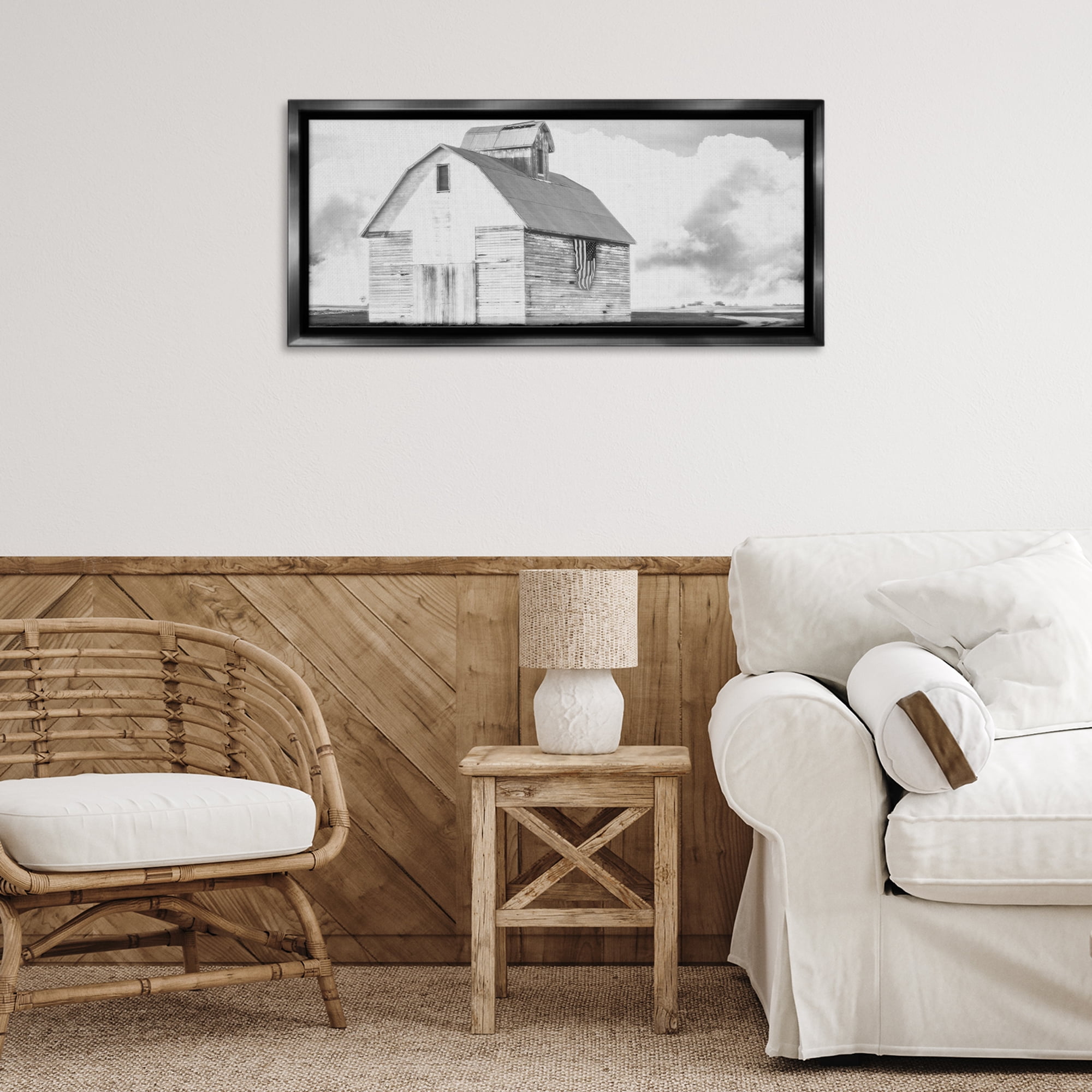Stupell Industries USA Flag on Barn Patriotic Painting Black Floater Framed Canvas Art Print Wall Art, 31 x 14