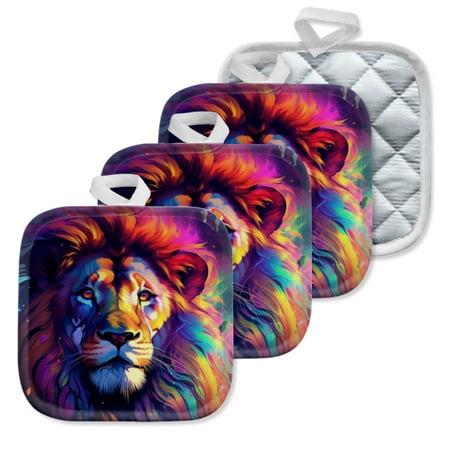 

4 Pack Pot Holders Kitchen Essential Potholder Set Rainbow Colored Lion Head In A Nebula Background