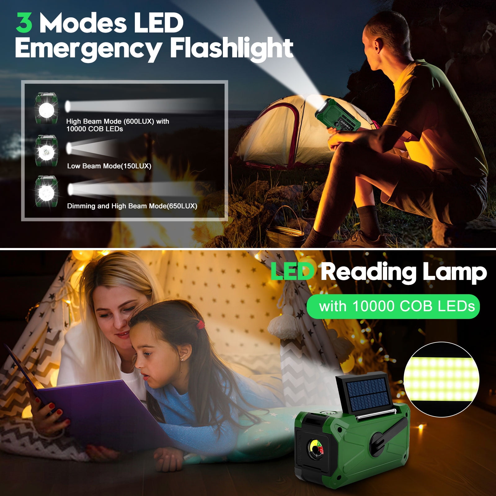 Fovendi 10000mAh Hand Crank Radio,Emergency Radio,Solar Radio,NOAA/AM/FM Weather Radio,USB Type-C Charging Radios Portable with LED Reading Light,SOS,Compass for Camping Hiking Climbing