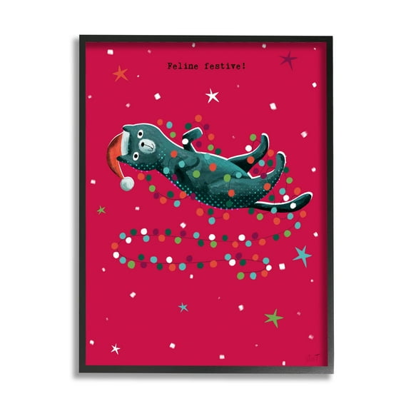 Stupell Industries Feline Festive Christmas Cat Holiday Painting Black Framed Art Print Wall Art