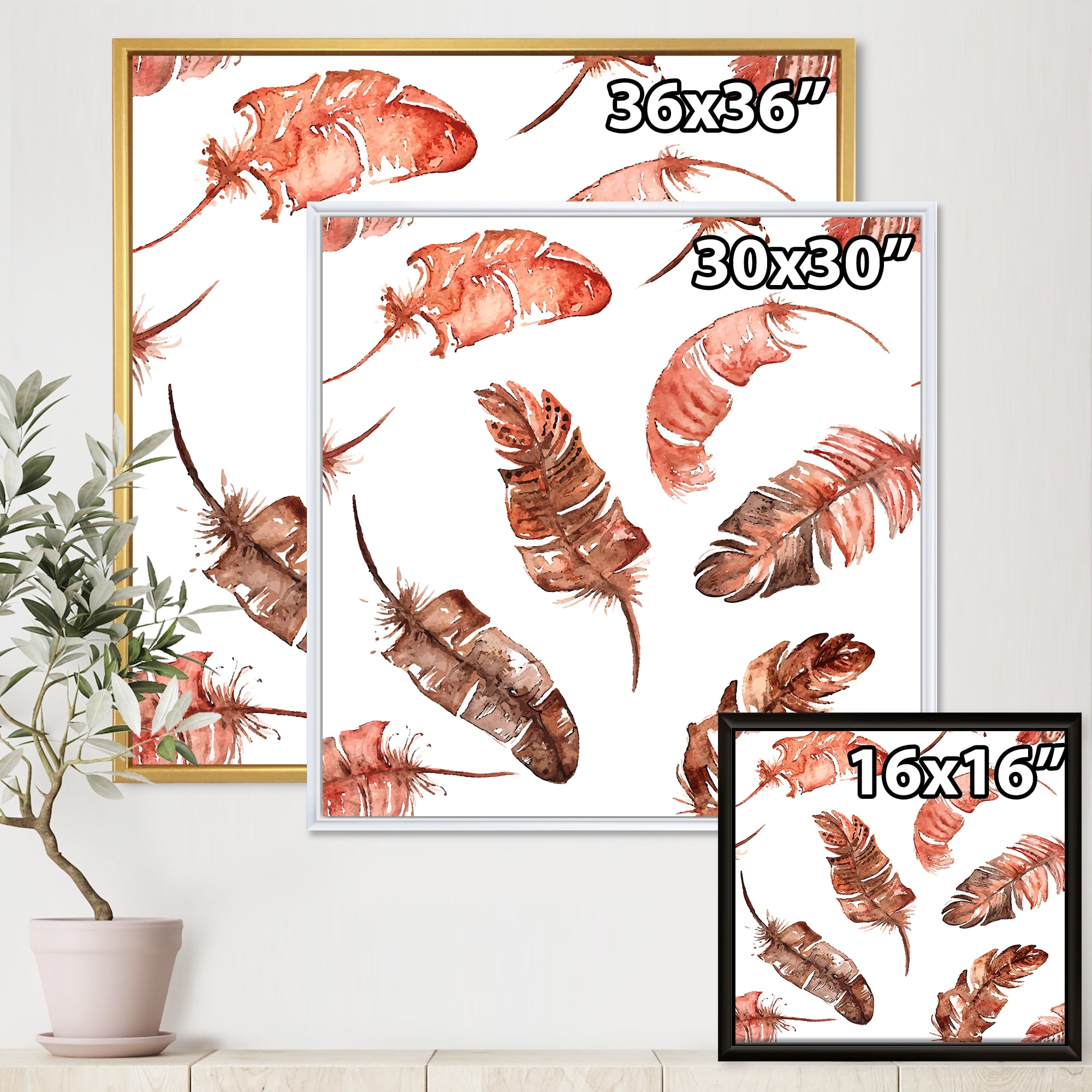 Designart 'Ethinic Orange Feathers On White' Bohemian & Eclectic Framed Canvas Wall Art Print
