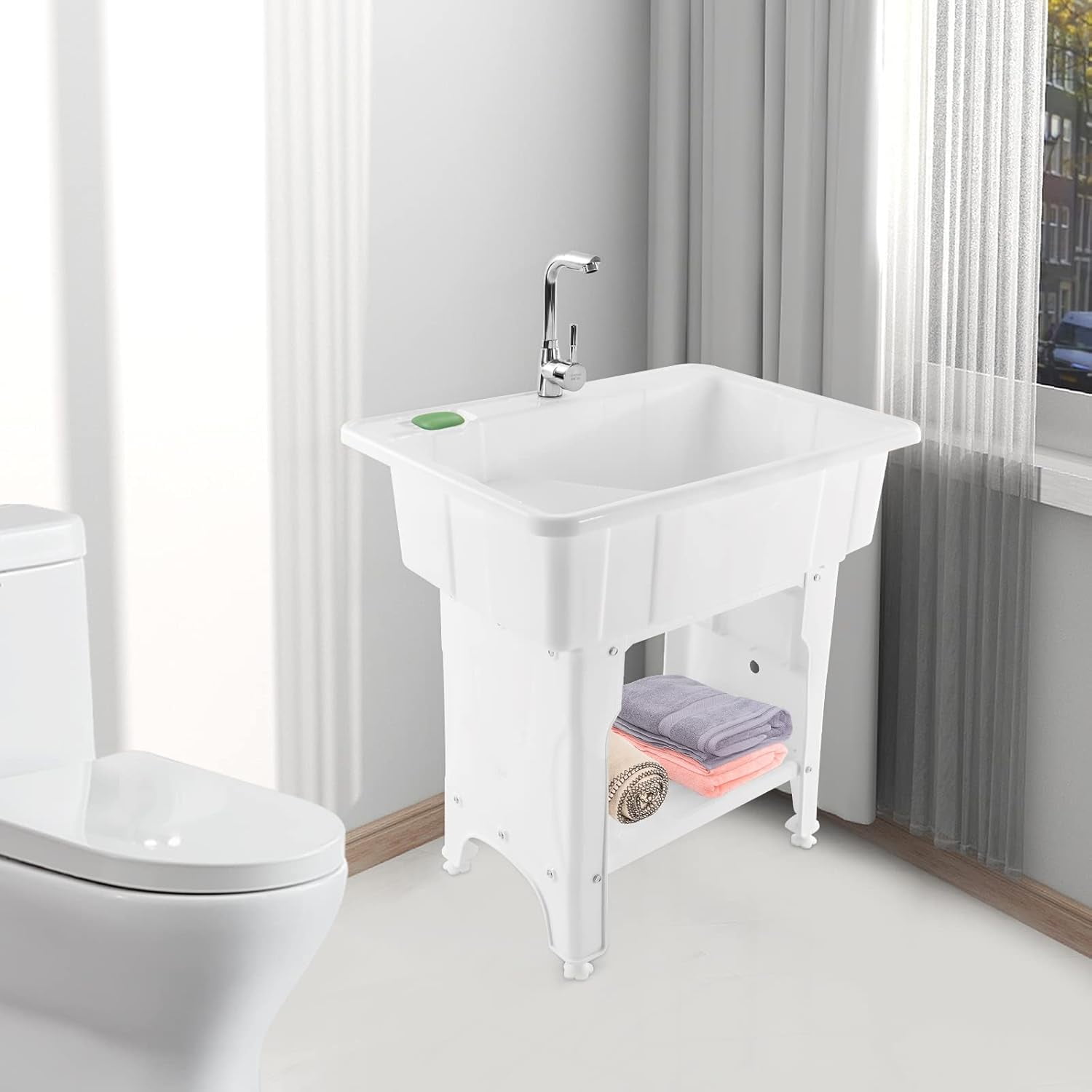 Standing Laundry Sink, Indoor and Outdoor Utility Sink with Hot and Cold Faucet and Drain Kit, Plastic Laundry Garage Sink Fits Bathrooms Sundries Room(31.5×22.05×31.5 Inch)