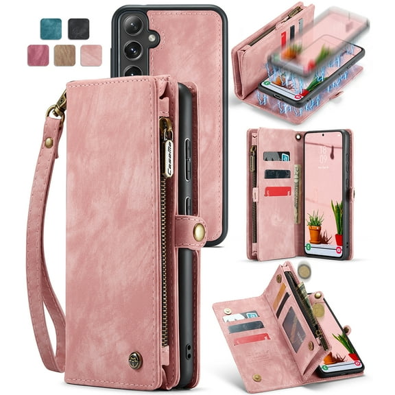 Allytech Magnetic Detachable Wallet Case for Samsung Galaxy A16 5G with Card Slots & Zipper Pocket, Support Wireless Charging, PU Leather Wrist Strap Shockproof Full Protection Flip Case, Pink