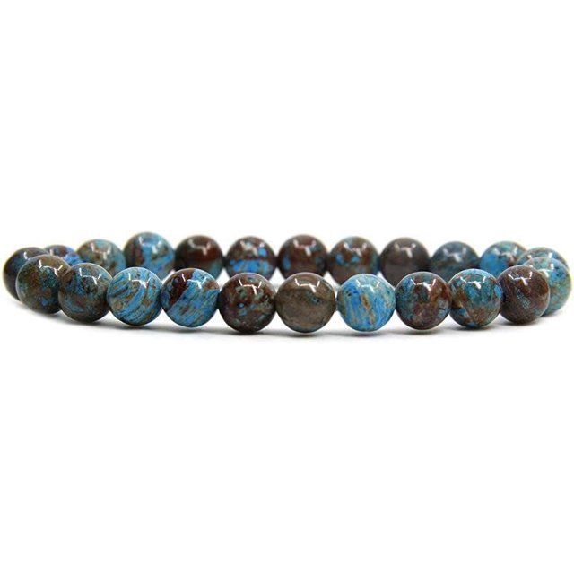 Bracelet Extensible Unisexe en Perles Rondes de 8 mm avec Veines de Jaspe en Bois Bleu Teint