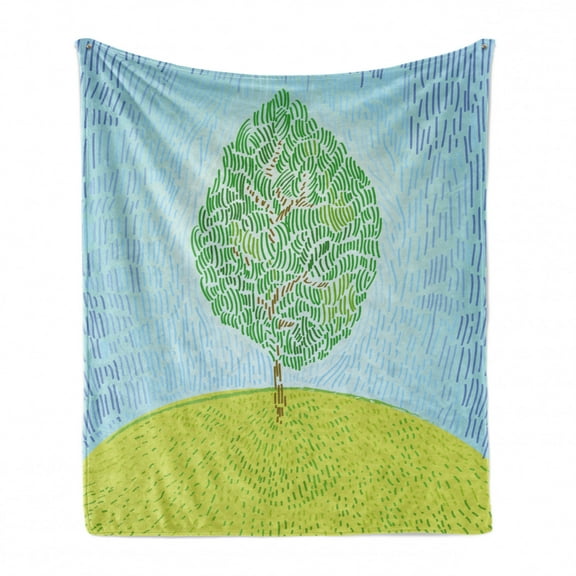 Nature Soft Flannel Fleece Throw Blanket, Interpretation of a Tree on a Hill in Random Strokes, Cozy Plush for Indoor and Outdoor Use, 60" x 80", Sky Blue Apple Green, by Ambesonne