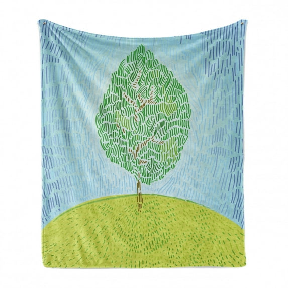 Nature Soft Flannel Fleece Throw Blanket, Interpretation of a Tree on a Hill in Random Strokes, Cozy Plush for Indoor and Outdoor Use, 60" x 80", Sky Blue Apple Green, by Ambesonne