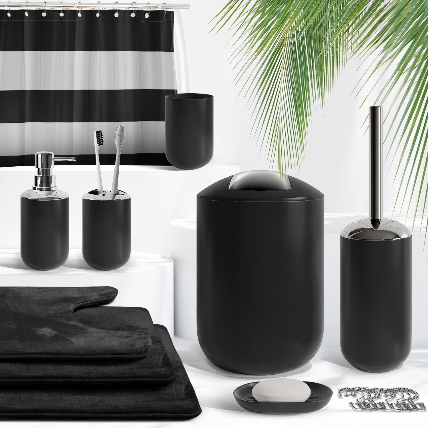 Nestl 23 Piece Bathroom Accessory Gift Set, Bathroom Shower Curtain Set, And Bath Rug Set, Black