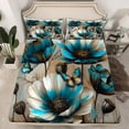thumbnail image 2 of Manfei Retro Turqoise Flower Queen Sheet Sets 4 Pieces for Girls, Watercolor Floral, Gray Ombre Queen Fitted Sheet, Microfiber Bedroom Decor, 2 of 7