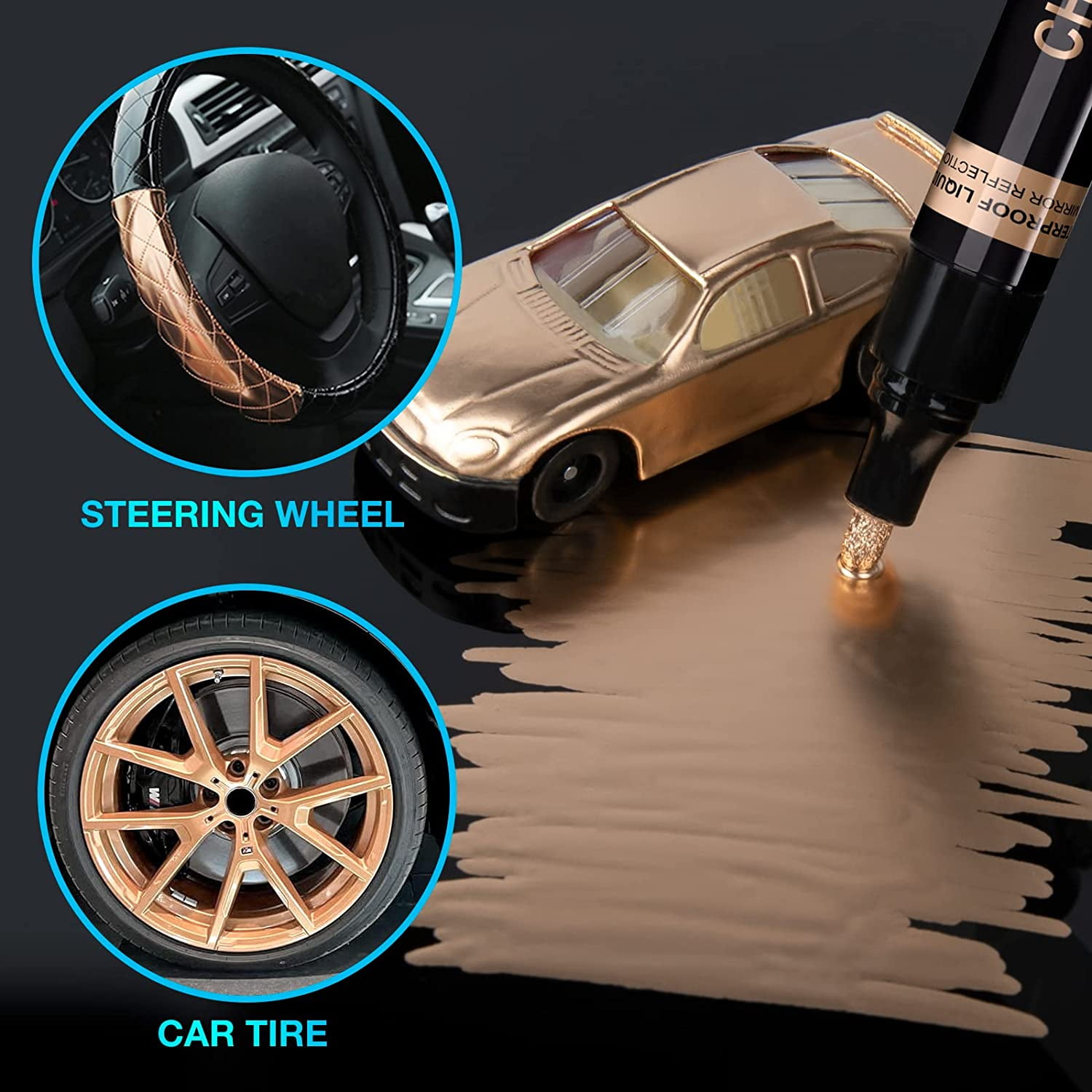Copper Liquid Chrome Marker Set: 5pcs Oil- based Liquid Chrome Paint Pen, Permanent Reflective Chrome Touch Up Markers for Model Metal Plastic Glass Ceramic Cars Repair Tire DIY Art Craft(1-3mm)