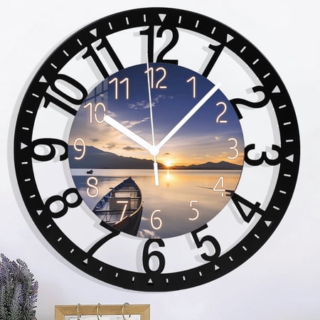 Kitchen Wall Clocks Battery Operated 10 Inch Sunset Decorative Small Round Wrought Iron Wall Clock for Bedroom Living Room Office Decor ， 25cm - Arabic Numerals Style 10×10inch(25×25cm)