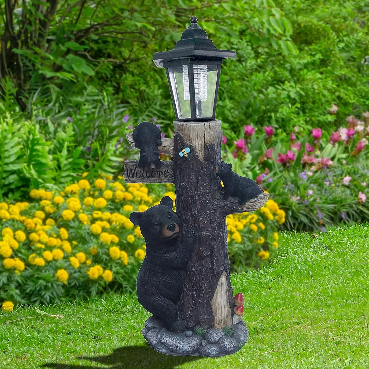 Solar Welcome Bear Garden Light with LED 3 Cubs Climbing Tree Resin Outdoor Yard Decor