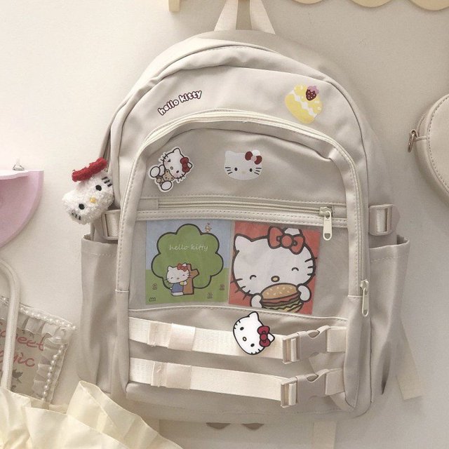 Mochila de Hello Kitty, bolso de hombro de pomppurin de Anime, Kawaii Bad badtz-maru, mochila escolar de gran capacidad, regalo para estudiantes y niñas Fivean unisex