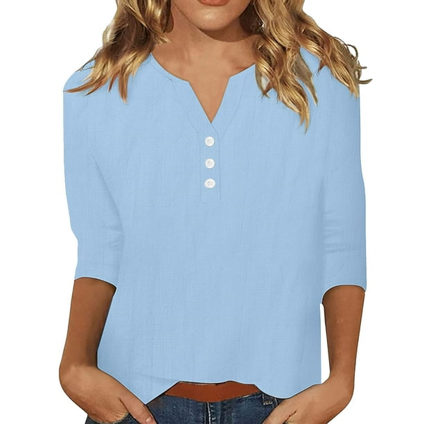 Vestidos Casuales Para Mujer, Blusas De Mujer De Moda Camisa de lino y lino para mujer, de moda, de color liso, con botones, cuello en V, holgada, manga larga, con cuello en V