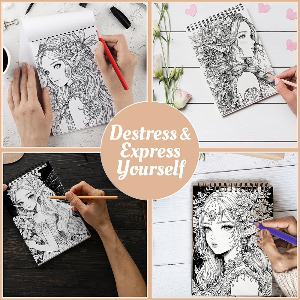 Enchanted Fairies Coloring Book Spiral Bound For Adults, A5 Wooden Cover, 30 Dreamy Coloring Pages of Fairies and Magical Landscapes for Stress Relief and Relaxation