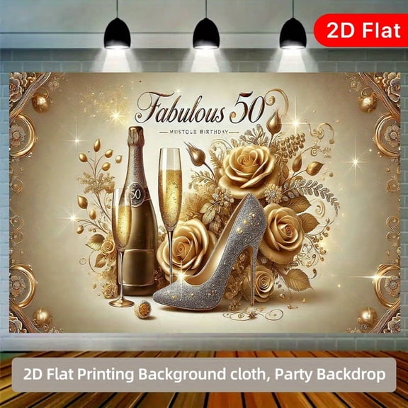 Happy 50th Birthday Backdrop for Women Golden Champagne Roses Heels 50th Birthday Photography Background Luxury Fabulous 50th Party Decorations Banner Supplies Photo Booth Props