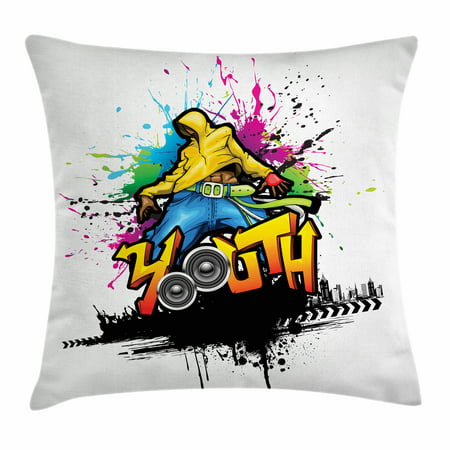 Youth Throw Pillow Cushion Cover, Young Man Hip Hop Culture Graffiti Art and Street Culture Performer Colorful Grunge, Decorative Square Accent Pillow Case, 16 X 16 Inches, Multicolor, by