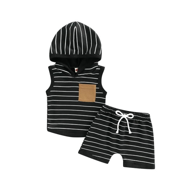 Faithtur Ensemble pour Bébé Garçon, Débardeur à Capuche Sans Manches à Rayures + Short Décontracté d'Été à Cordon