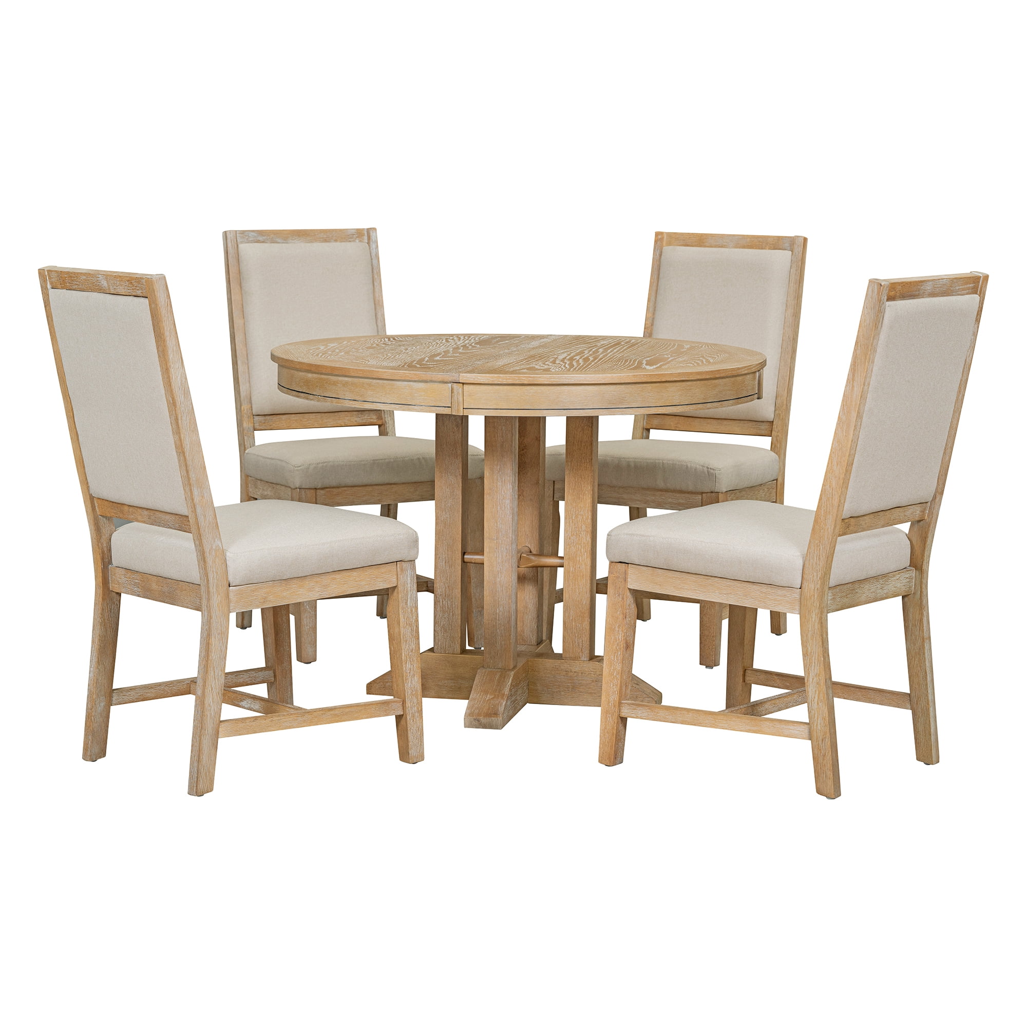 EUROCO 5-Piece Dining Table Set for 4,Round Kitchen Extendable Dining Table with 4 Dining Upholstered Chairs and Wooden Frame,Dining Room Table Set for Small Space,Living Room,Natural