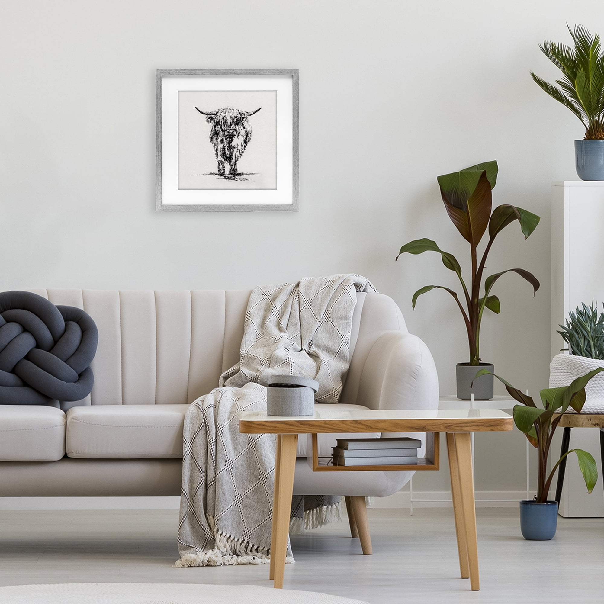 Stupell Industries Highland Cow in Charcoal Gray Framed Print Under Glass, design by Leah Noel Art