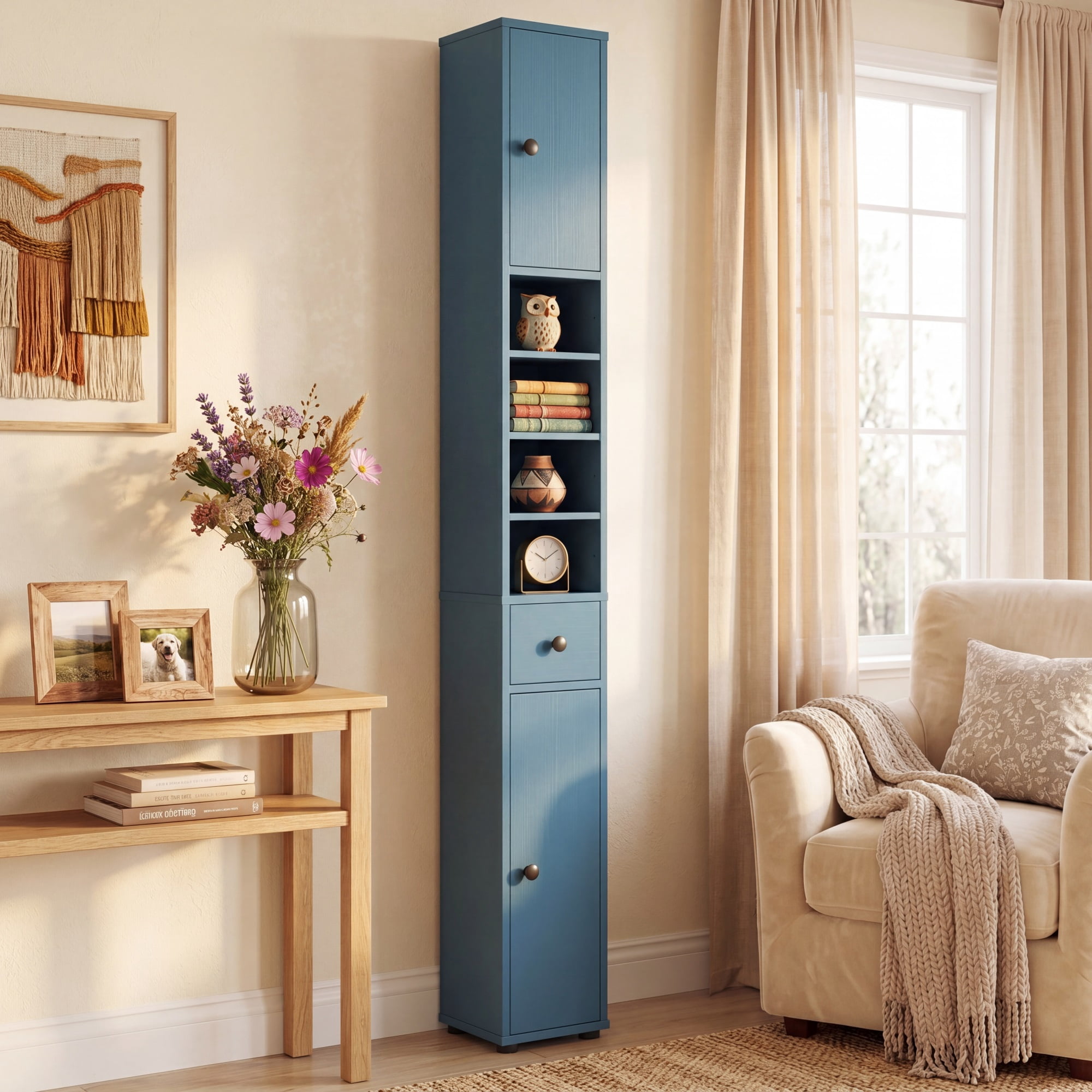Costway Slim Bathroom Tall Cabinet with 2 Doors, 1 Drawer & 5 Adjustable Shelves for Home Blue