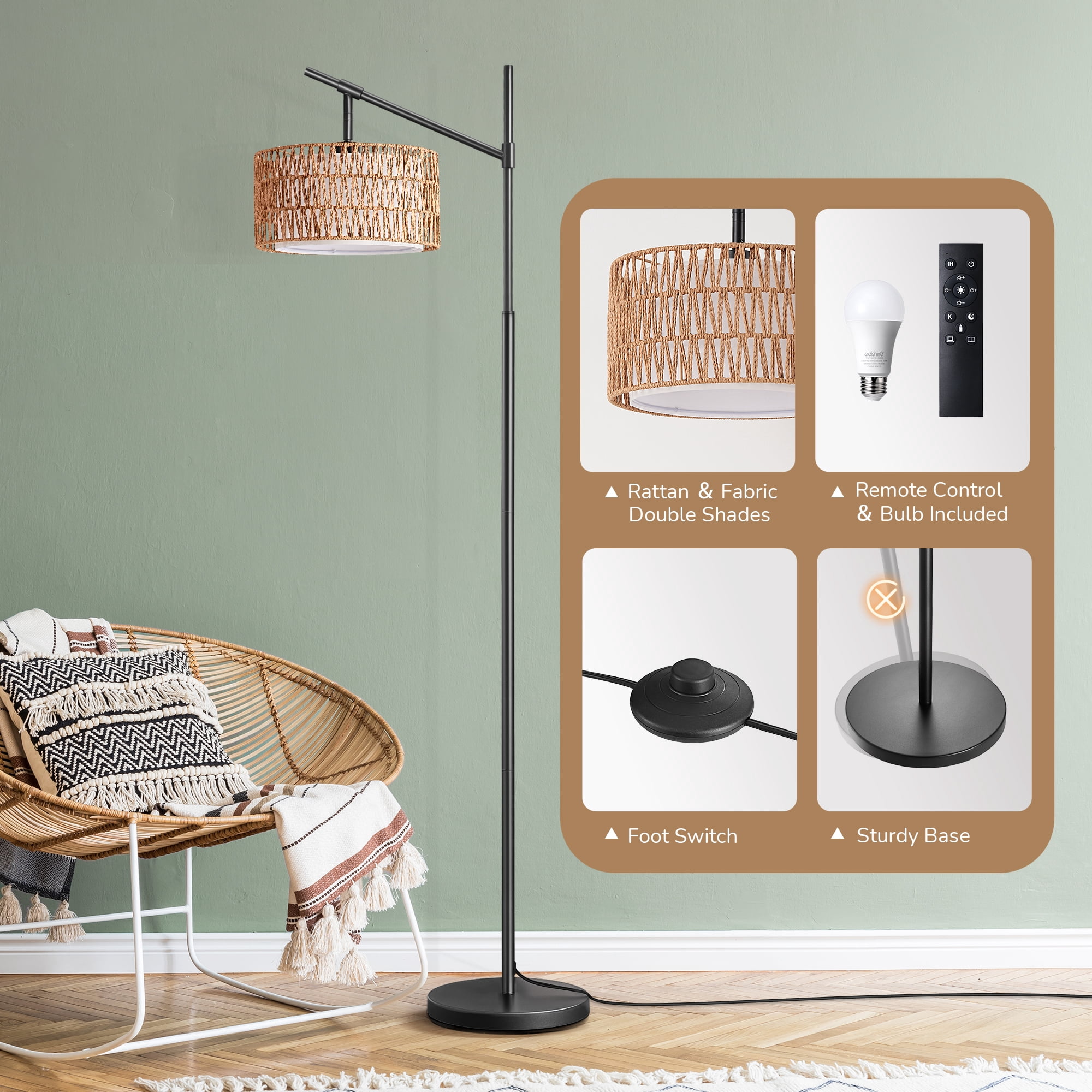 EDISHINE Rattan Floor Lamps with Remote for Living Room, Black Standing Lamp with Rattan & Fabric Double Drum Shade, Boho Farmhouse Tall Lamp for Bedroom, With LED Light Bulb.