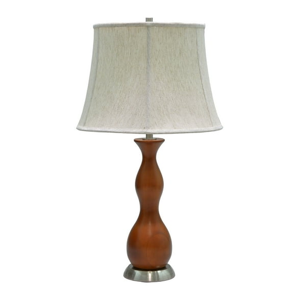 Aspen Creative 40002, 28" High Transitional Wooden Table Lamp, Brown Wood with Satin Nickel Base and Bell Shaped Lamp Shade in Off White, 16" Wide