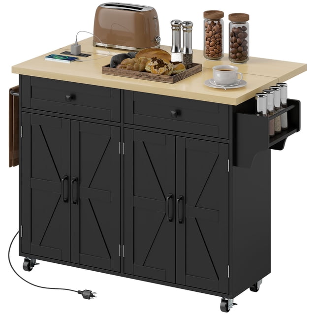 Black Kitchen Island with Storage & Charging Station - Rolling Cart with Drop Leaf, Spice & Towel Rack - Compact Kitchen Furniture for Dining & Prep