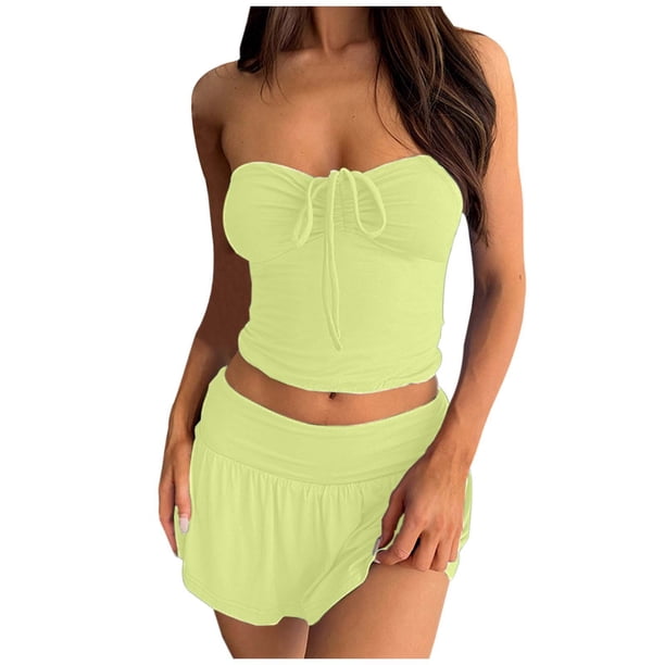 Conjunto elegante de dos piezas para mujer: top sin tirantes con falda plisada asimétrica de doble capa