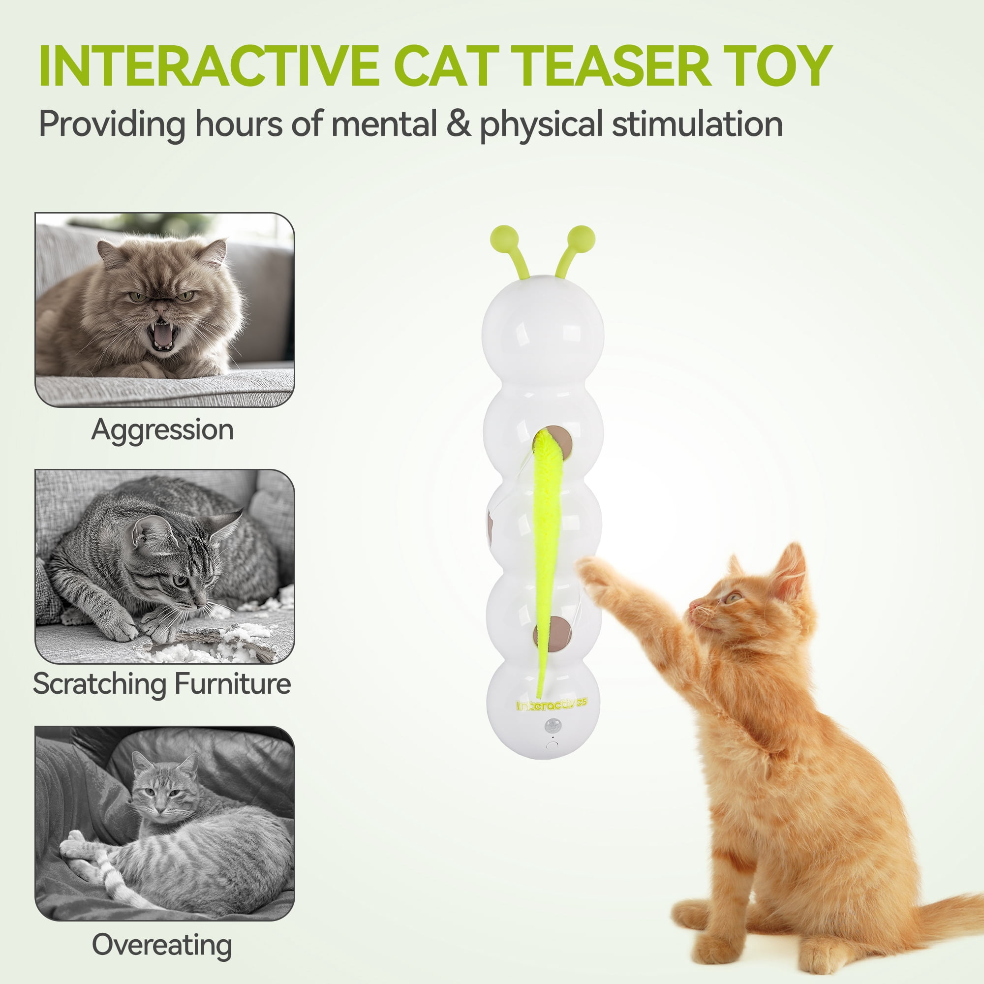 All For Paws Interactive Cat Teaser Toy, USB Rechargeable – Automatic Whack-a-Mole Toy with Suction Cups, Motion-Activated Cat Wand, Enrichment Toy for Indoor Cats & Kitties