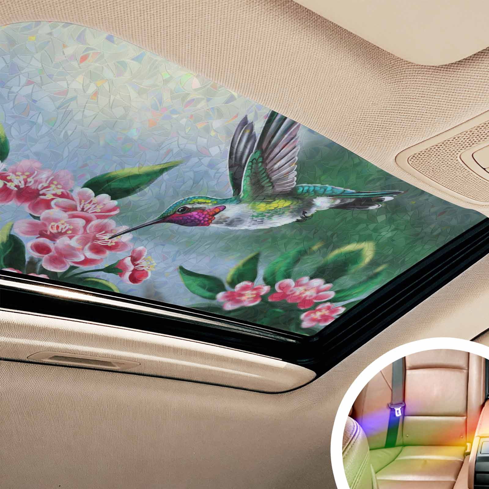 Rainbow Window Privacy Film, Green Hummingbird Static Cling Decorative Window Film PVC, Spring Summer Pink Flower Leaf No Glue UV Blocking Glass Covering, Removable Stained Glass Sticker 23.6''x59''