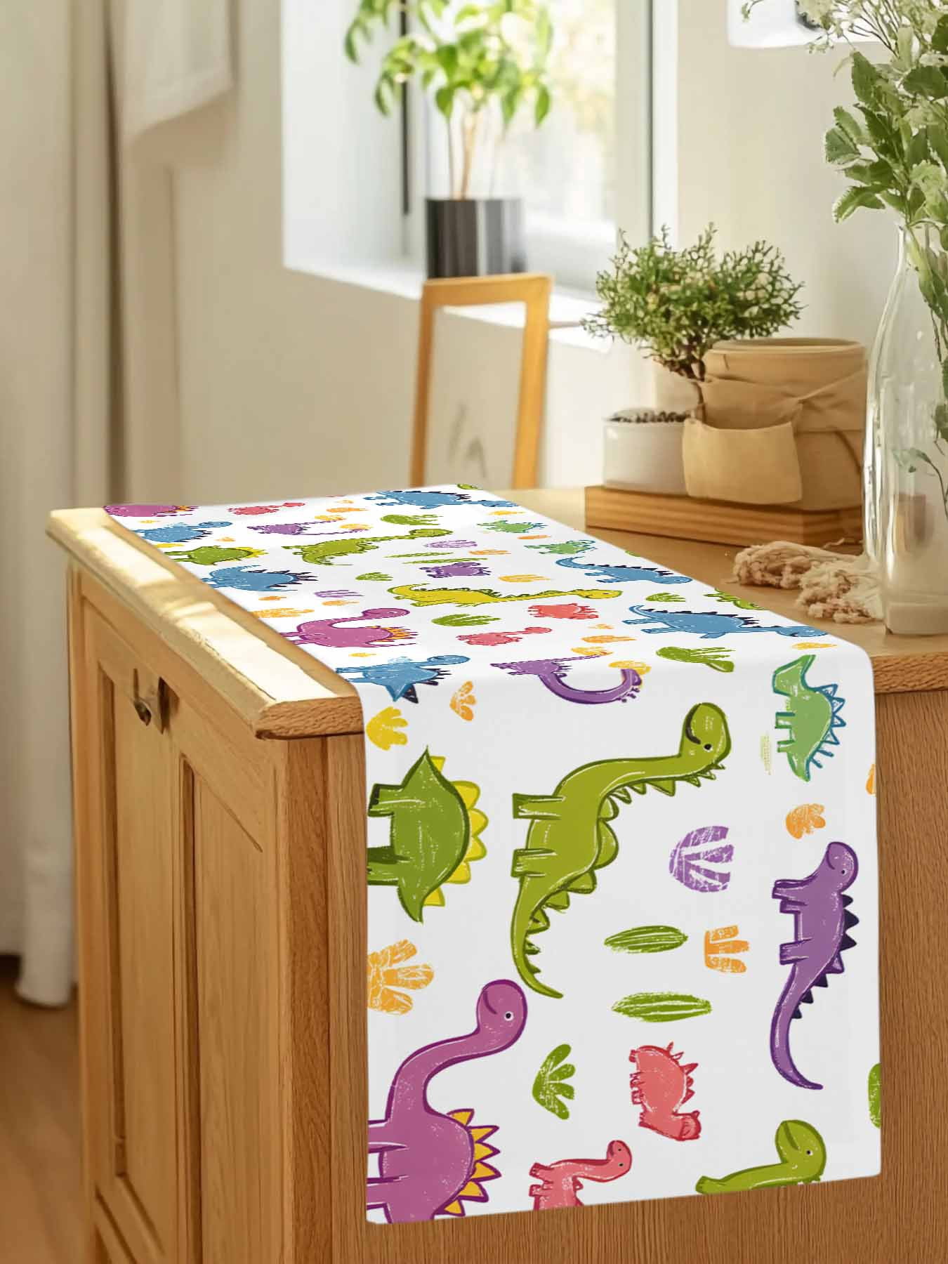 Modern Abstract Colorful Dinosaur Table Runner 90 Inches Long, Classical Cartoon Animal Table Runners Tabletop Scarf Kitchen Dining Tables Decoration for Home Party Indoor Outdoor