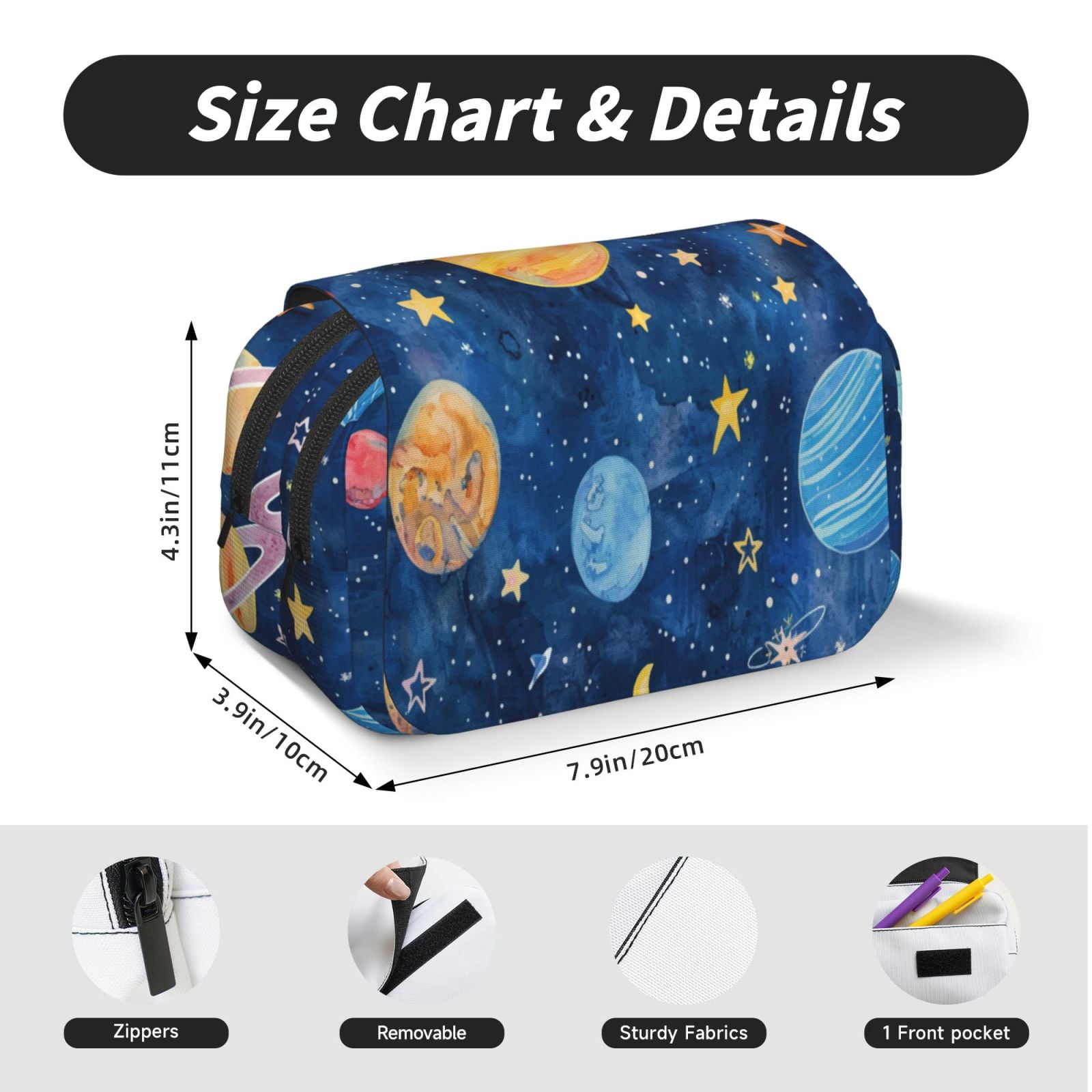 Rateoe Planets And Stars1 Pattern Double Clamshell Pen Case, Storage Organizer with Two Zipper Compartments– Holds Up to 50 Pencils & Pens
