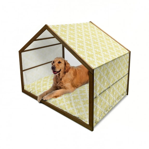 Green and White Pet House, Damask Inspired Victorian Retro Revival Motifs Rococo Swirls Classic, Outdoor & Indoor Portable Dog Kennel with Pillow and Cover, 5 Sizes, Pale Green White, by Ambesonne