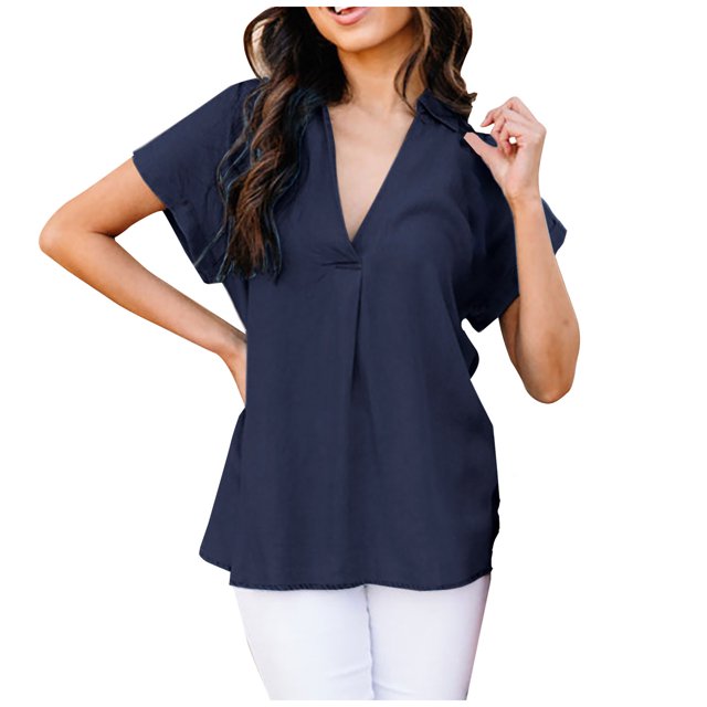 Womens Summer Cotton Linen Tops Short Sleeve V-Neck Solid Blouses T Shirts Ruched Casual Comfy Basic Tunic Tee Tops