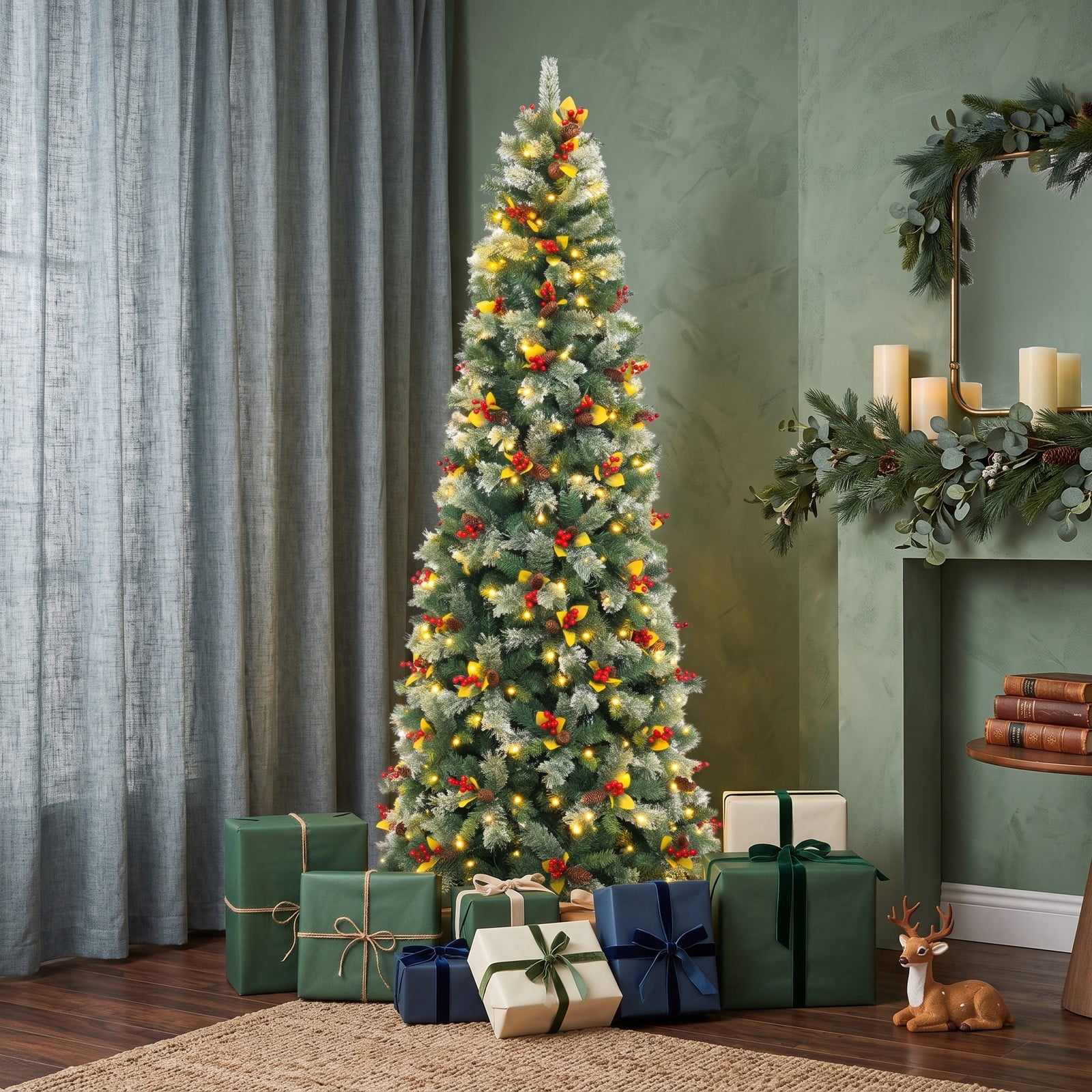 RUIE 9 FT Pre-Lit Artificial Christmas Tree with 1416 Branch Tips, 560 Warm White LED Lights, 8 Lighting Modes and Foldable Metal Stand for Indoor Holiday Decor, Green