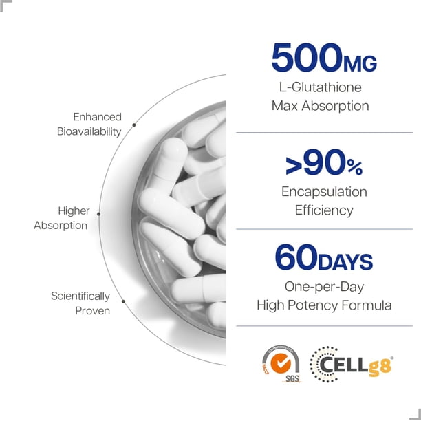 just glow glutathione Just Glow CELLg8® Glutatión liposomal 500 mg 60 cápsulas - Clínicamente estudiado y probado por terceros - Forma activa reducida - Suplemento de L-gl