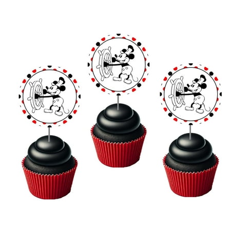 Steamboat Willie Cupcake Toppers 12-Pack, Nautical Birthday Party Supplies, Pirate Decoration, Mouse Toppers, Sailor-Themed Cake Picks for Baby Showers or any Celebration