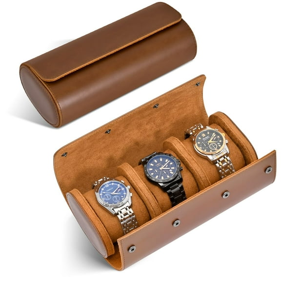 ROSELLE Watch Roll Travel Case for Men and Women- 3 Watch Storage and Organizer-Secure Storage with Innovative Removable Pillows & Solid Dividers for Home Storage, Travel and Display(Brown)