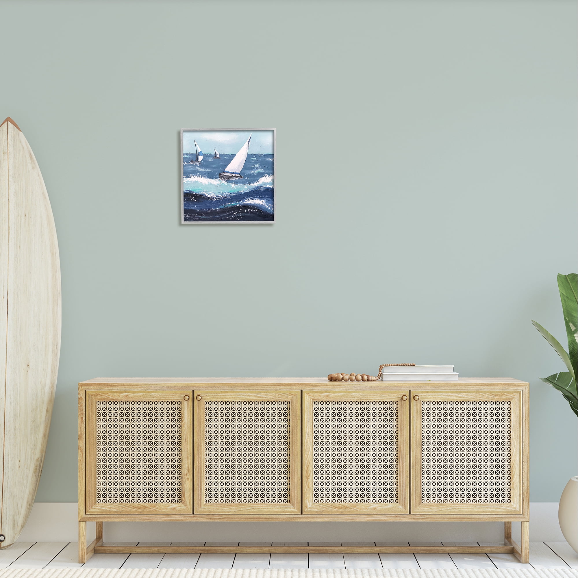 Stupell Rough Ocean Waves Sailing Boats Landscape Painting Gray Framed Art Print Wall Art