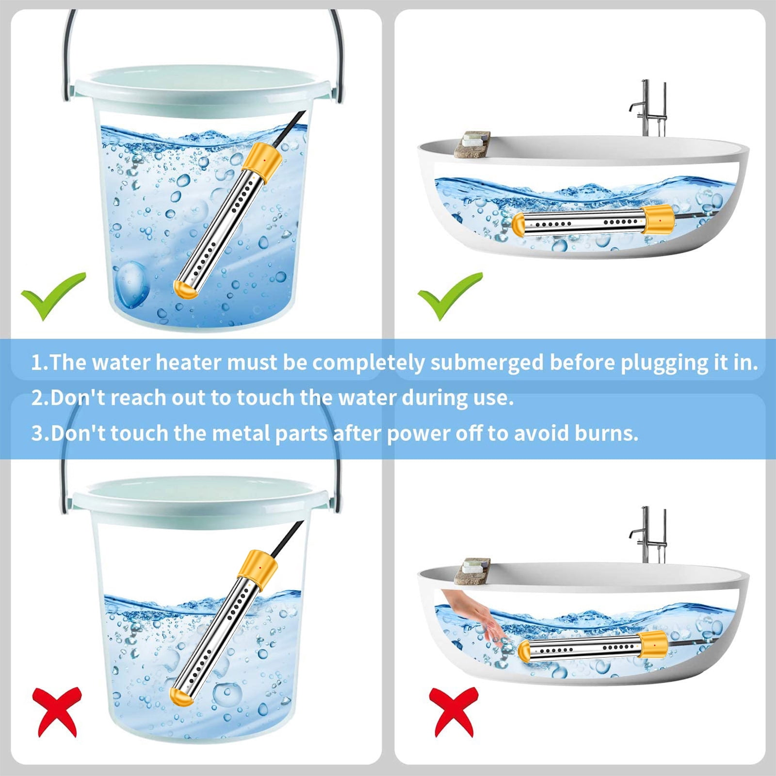 LASIEYO Immersion Water Heater, 2000W Electric Bucket Heater, Stainless-Steel Portable Submersible Water Heater with LCD Thermometer & Wool Scrubber Auto Shut-Off for Inflatable Pool Bathtub, Basin
