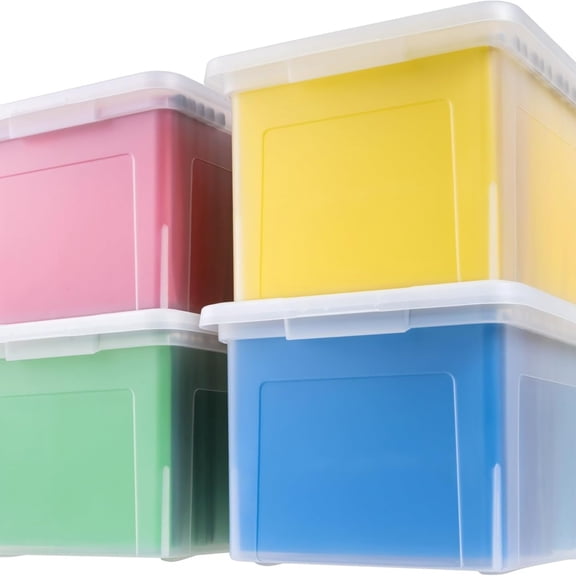 File Box, Plastic File Organizer with Lids for Letter/Legal File, Portable Document Box For Moving, Storage Bin with Durable and Secure Lid, Stackable Nestable BPA-Free, Clear 35 Qt. 4 Pack