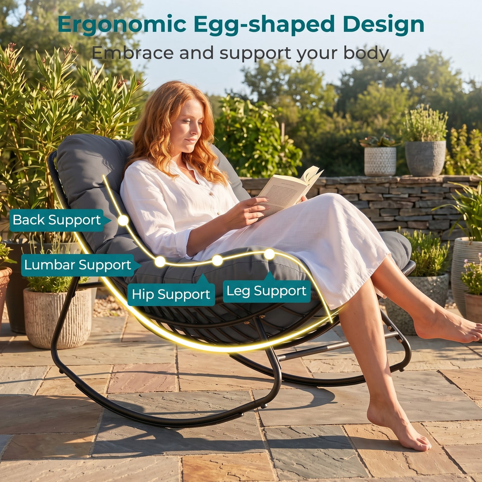 Furnibear Outdoor Papasan Rocking Chair with Thick Removable Cushion and Non-Slip Pads for Oversized Patio and Backyard Comfort, Gray