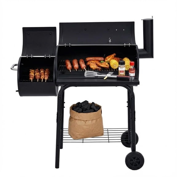 BBQ Charcoal Grill, Outdoor Barrel Grills with Offset Smoker, Patio Barbecue Grill and Smoker Combo with Wheels and Handle, for Garden Backyard Party Camping Picnic, Black