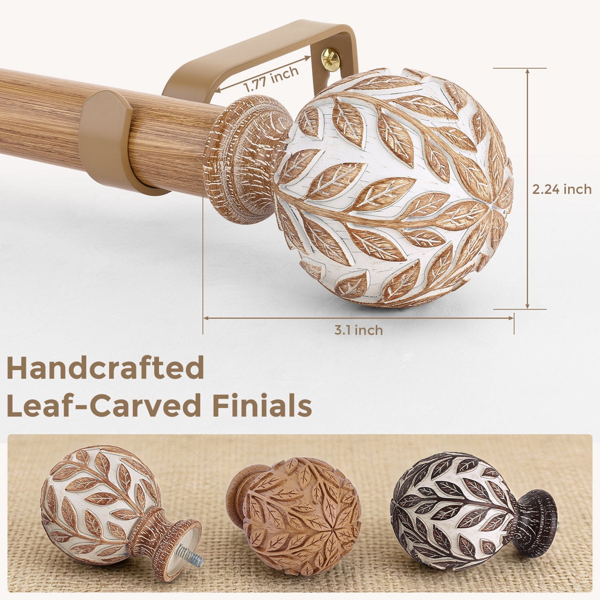 OLV Boho Curtain Rods 36-120" Heavy Duty with Wood Grain Leaf Finial,Burlywood-white