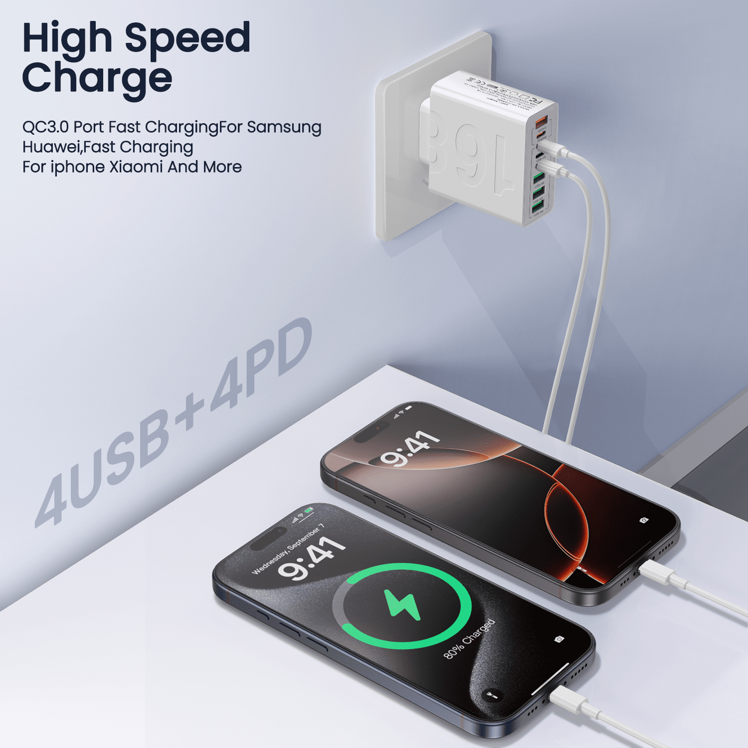 FOBIANJIE - Eight-Port USB-C and USB-A Wall Charger, Type-C Charger, Cubic Design Power Adapter, Multi-Port Plug, White/Black/Yellow – Compatible with iPhone, iPad, AirPods, Samsung Galaxy, Note, Pix