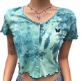 thumbnail image 4 of Women Tie-dye T-shirt Short Sleeve  Neck Butterfly Embroidery Ruffle Top, 4 of 10