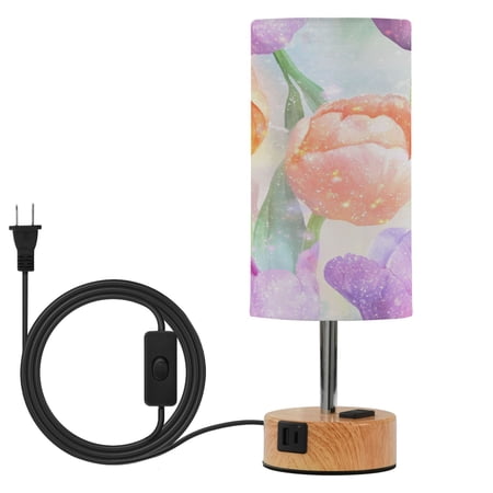 Touch Control Table Lamp with LED Bulb Bedside Lamp for Bedroom Living Room Tulips Watercolor Art Style