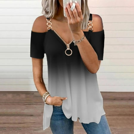 

Womens Cold Shoulder Zipper Tops Trendy Casual Ruffle Hem Flowy Yoga Shirts Loose Fit Tie Dye Tunic Camis Blouses