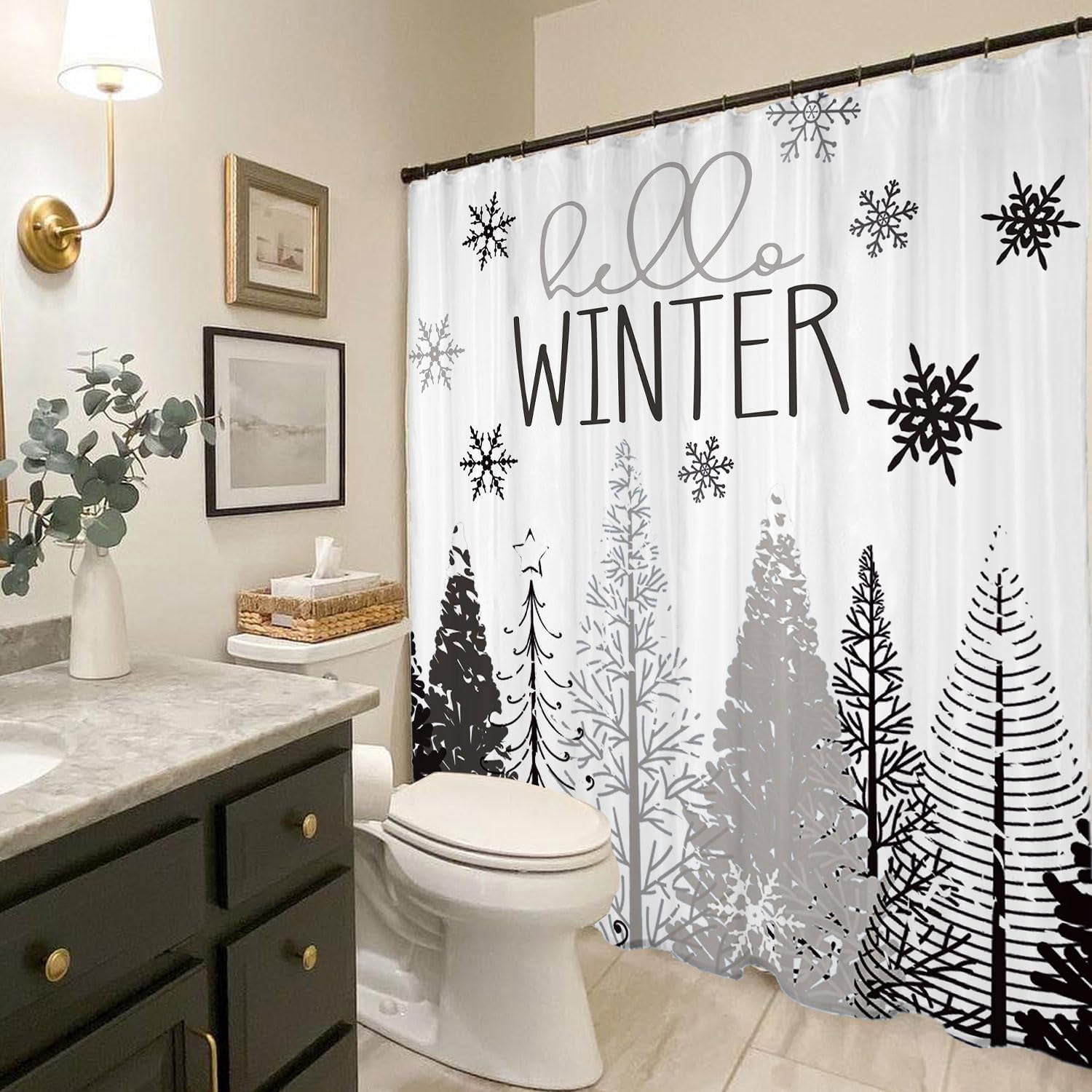 Winter Shower Curtain, 72"X72" Snowflake Shower Curtain, Grey Christmas Shower Curtain Fabric with Hooks, Farmhouse Christmas Tree Bathroom Decor, Holiday Xmas Bathroom Set