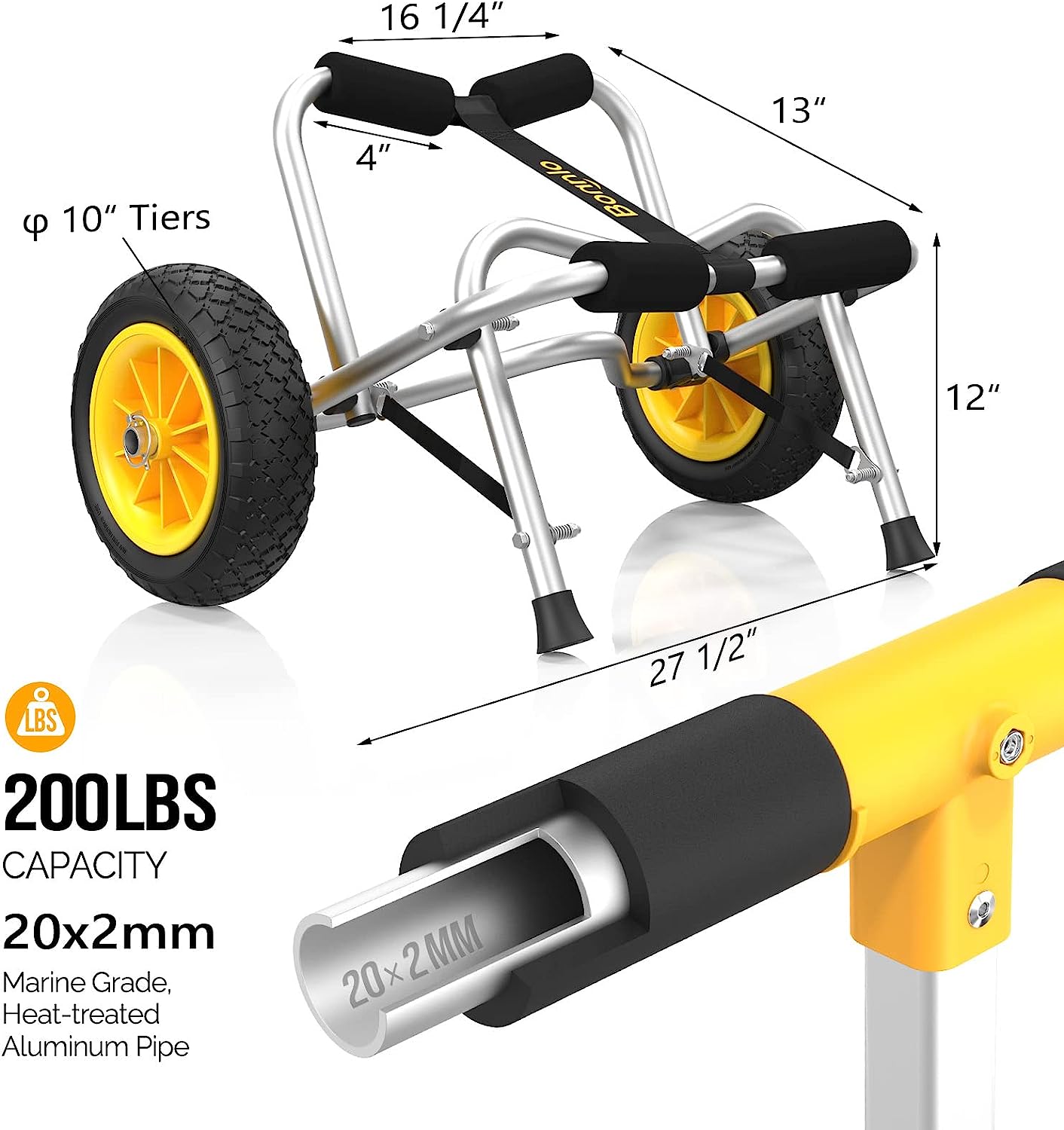 Bonnlo Kayak Cart Canoe Dolly Fishing Kayak Accessories Carrier Foldable Paddle Board Trolley Boat Trailer Transport with NO-Flat Airless Tires Wheels and 2 Ratchet Straps